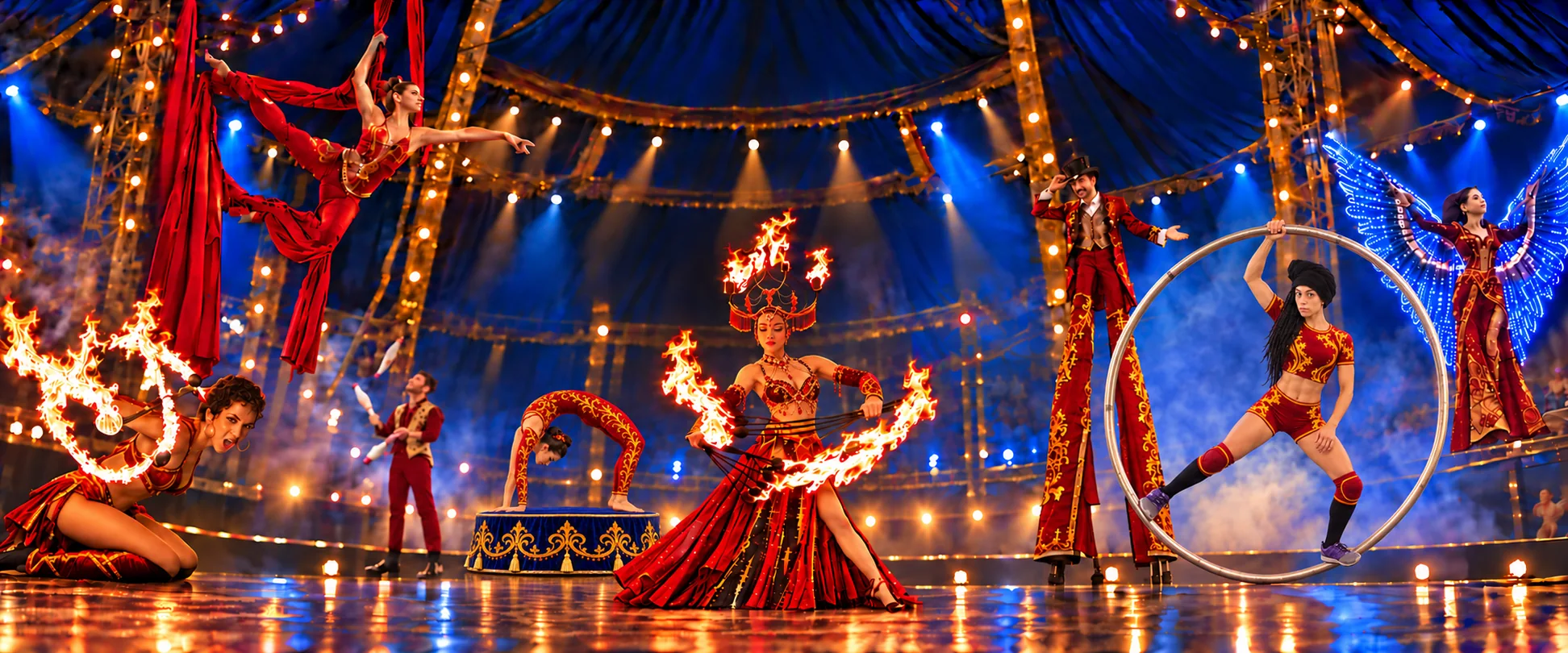 Escena ilustrativa de circo contemporáneo con fuego, artistas aéreos, rueda Cyr y luces LED